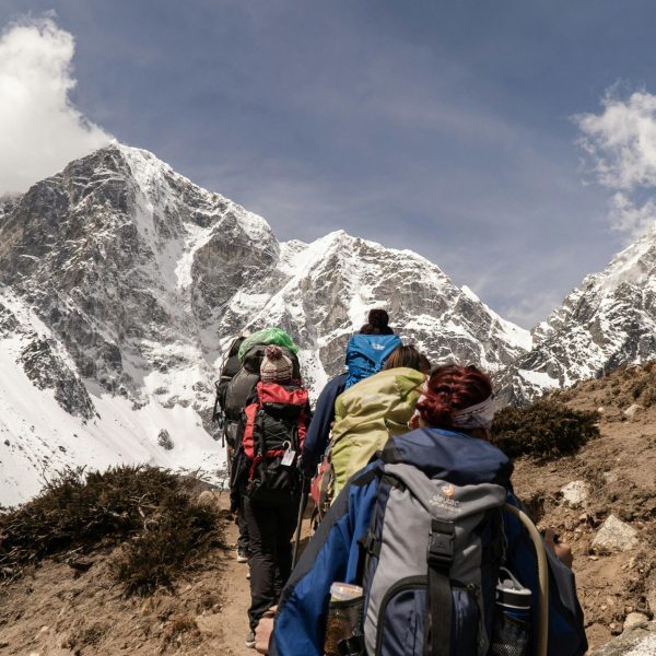 Group of hikers trekking on a sunny day with snow-capped mountains in the background. Outdoor adventure scene.